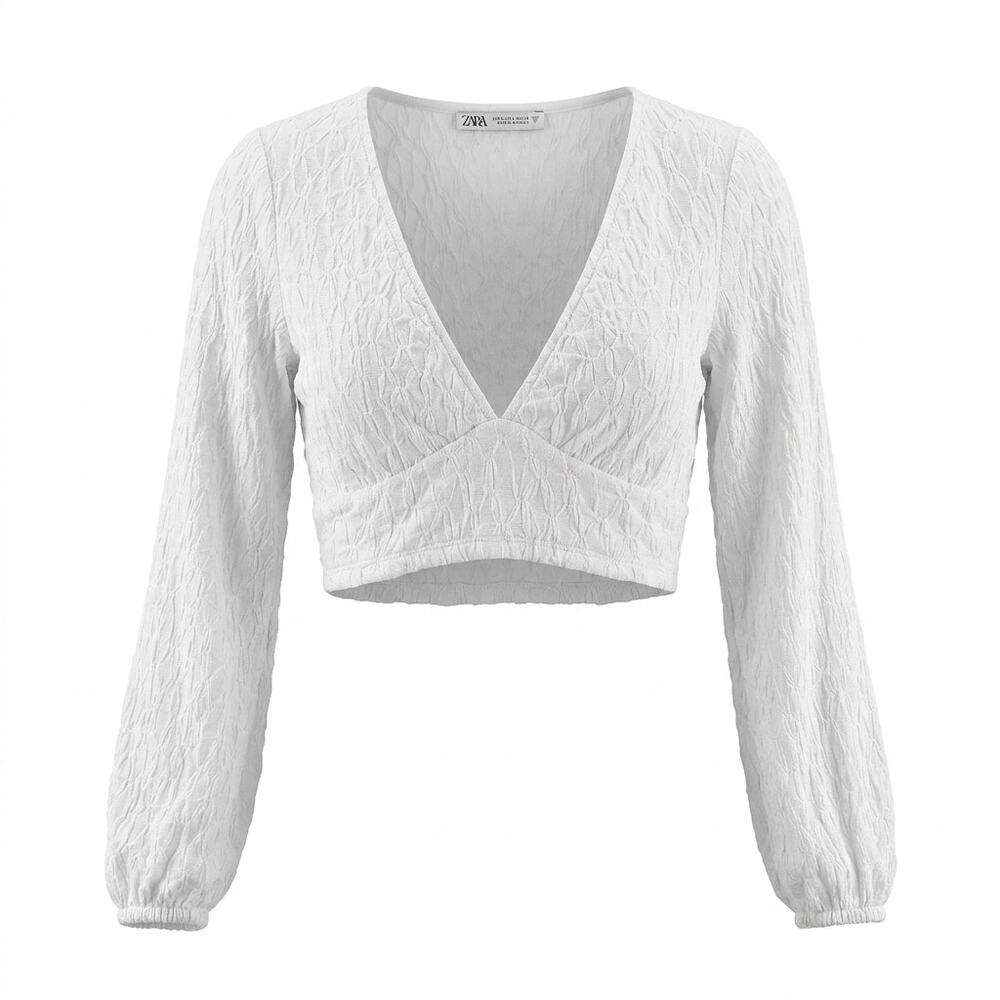Zara White Smocked V-Neck Knit Lightweight Blouse Women Size S